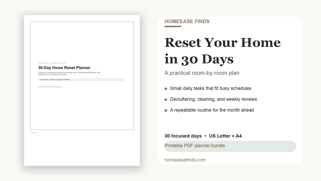 30-day home reset plan with printable planner cover and practical room-by-room steps
