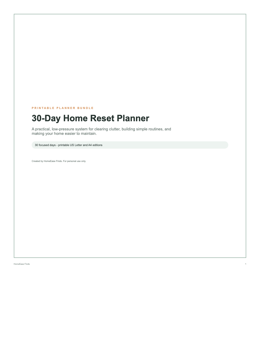 30-Day Home Reset Planner printable cleaning and decluttering PDF cover