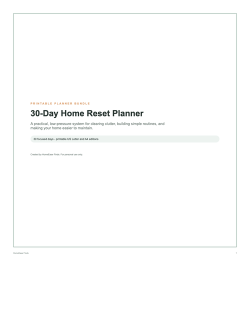 30-Day Home Reset Planner printable cleaning and decluttering PDF cover